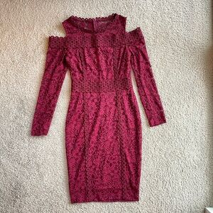Premier Amour Maroon Lace Bodycon Cold Shoulder Pencil Dress Size 4, Wedding